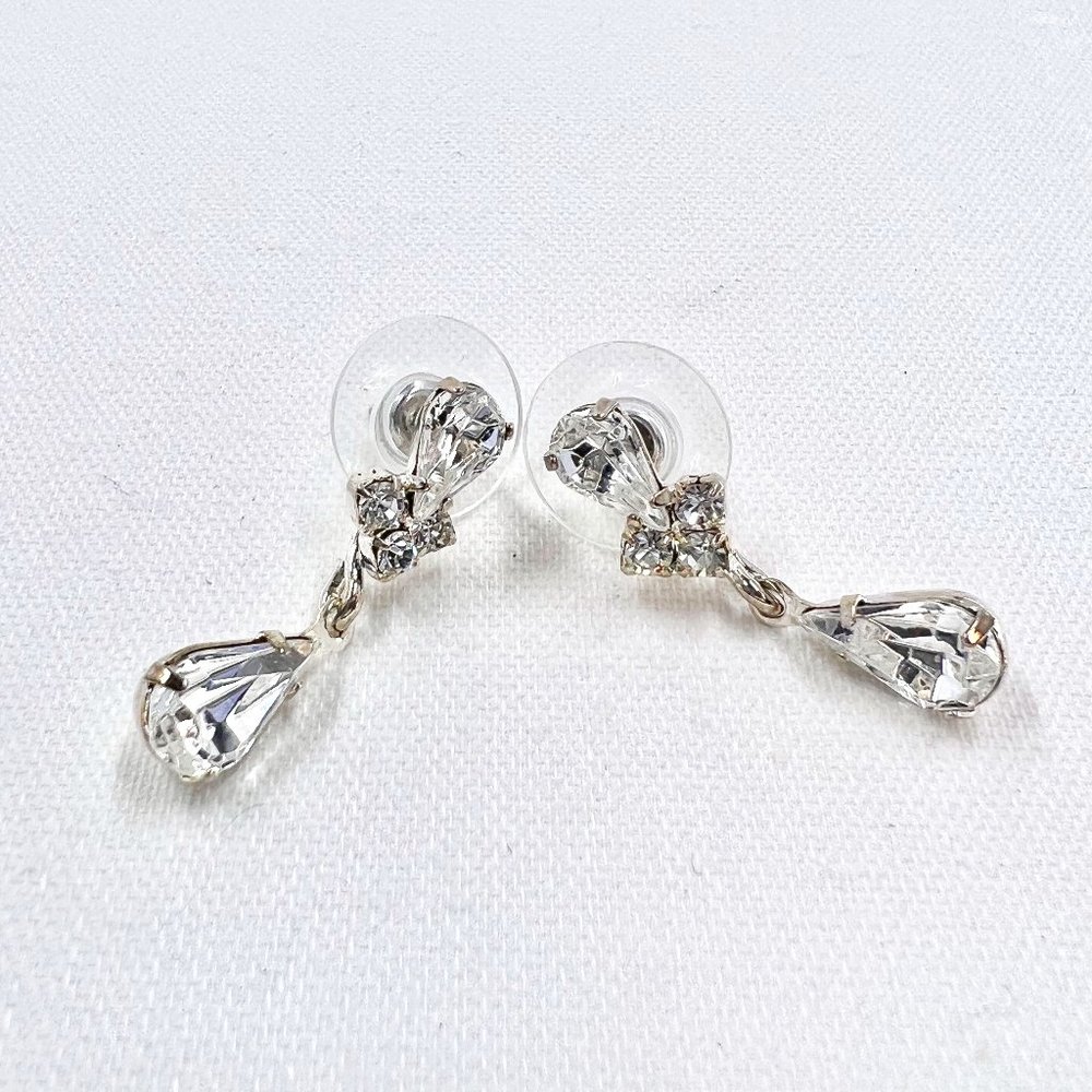 Dazzling Dangle Teardrop Clear Rhinestone Silver Tone Post Earrings